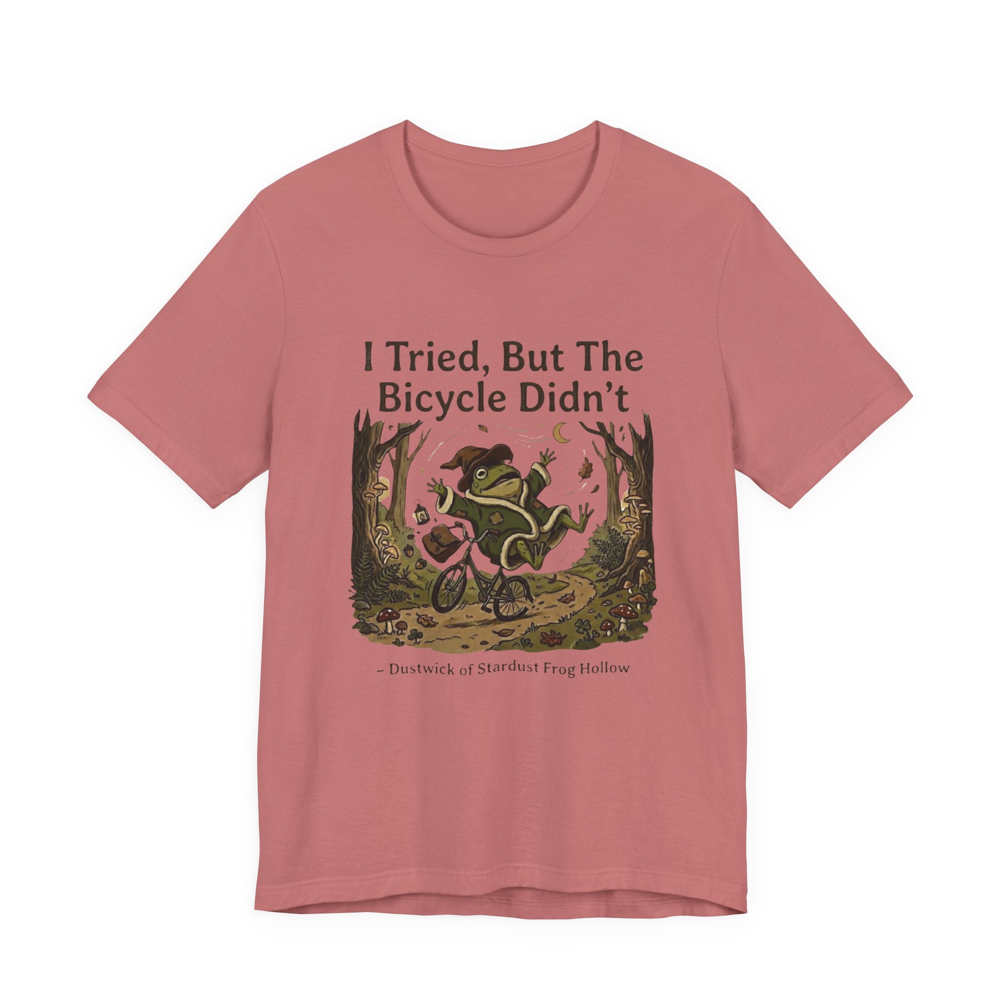 Dustwick Broken Bicycle T-Shirt, "I Tried" Whimsical Frog Riding Damaged Bike Shirt, Surreal Fantasy Frog Art, Dark Cozy Aesthetic Graphic Tee