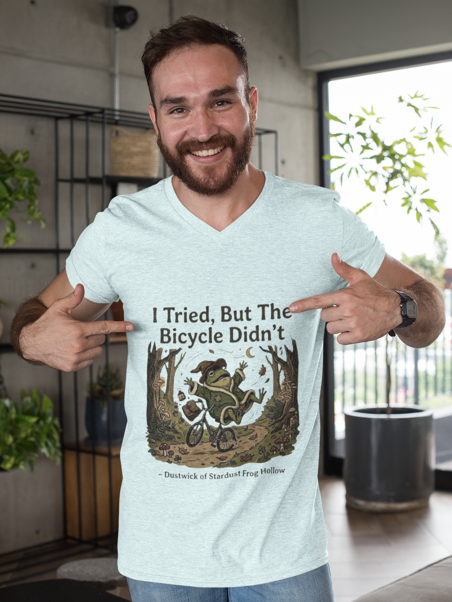 Dustwick Broken Bicycle T-Shirt, "I Tried" Whimsical Frog Riding Damaged Bike Shirt, Surreal Fantasy Frog Art, Dark Cozy Aesthetic Graphic Tee
