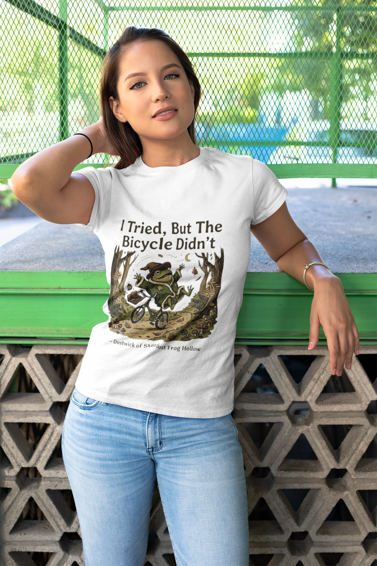 Dustwick Broken Bicycle T-Shirt, "I Tried" Whimsical Frog Riding Damaged Bike Shirt, Surreal Fantasy Frog Art, Dark Cozy Aesthetic Graphic Tee