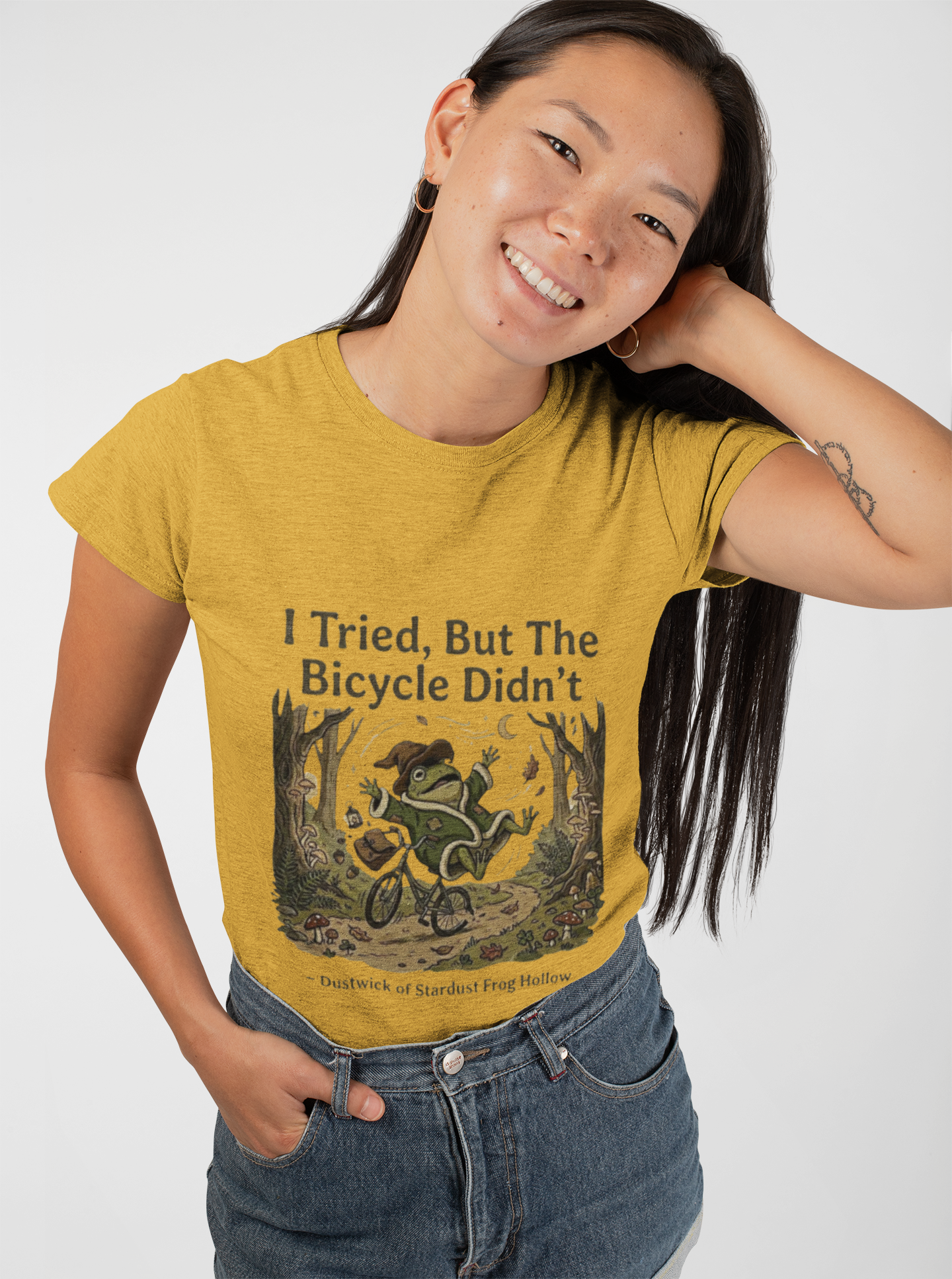 Dustwick Broken Bicycle T-Shirt, "I Tried" Whimsical Frog Riding Damaged Bike Shirt, Surreal Fantasy Frog Art, Dark Cozy Aesthetic Graphic Tee