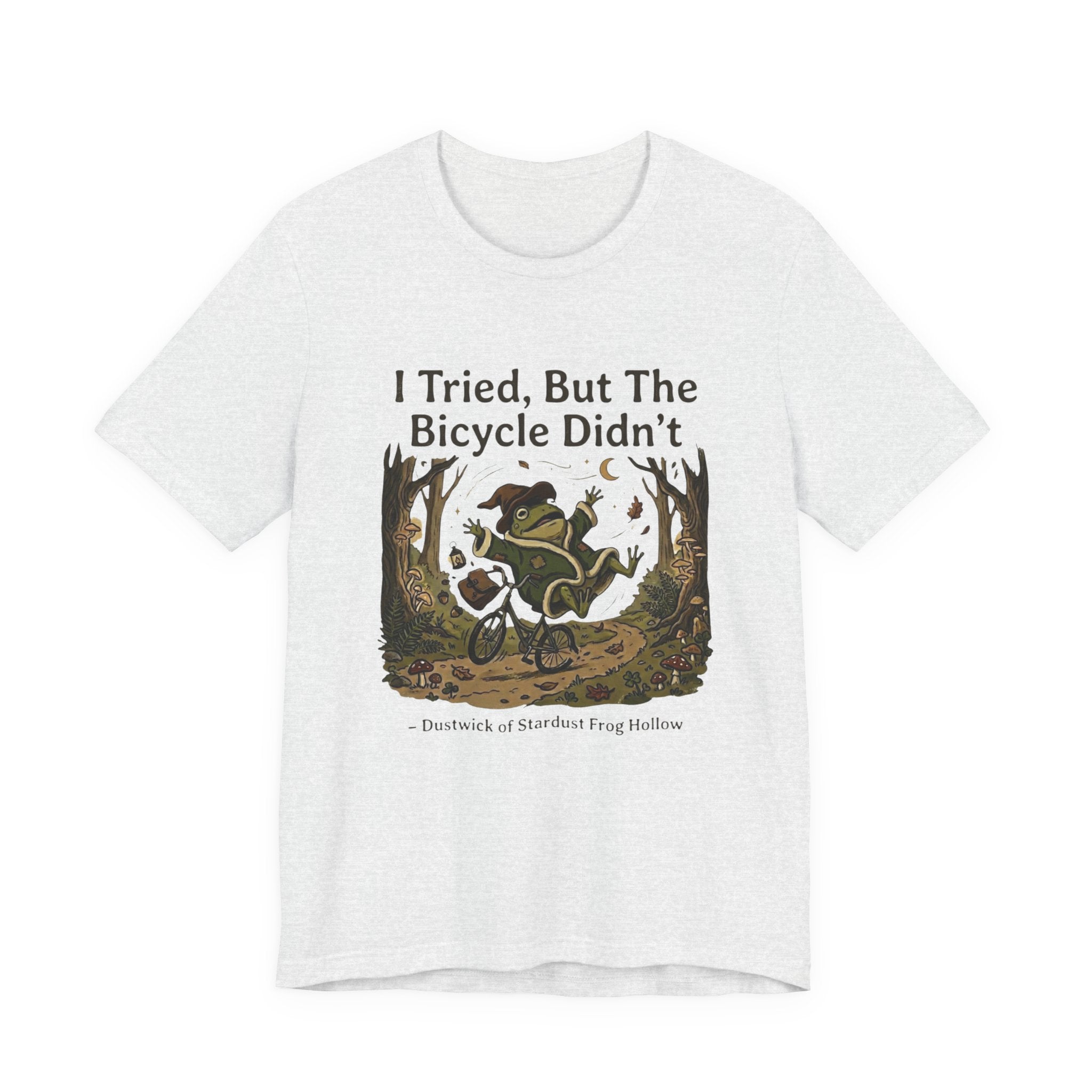 Dustwick Broken Bicycle T-Shirt, "I Tried" Whimsical Frog Riding Damaged Bike Shirt, Surreal Fantasy Frog Art, Dark Cozy Aesthetic Graphic Tee