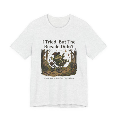 Dustwick Broken Bicycle T-Shirt, "I Tried" Whimsical Frog Riding Damaged Bike Shirt, Surreal Fantasy Frog Art, Dark Cozy Aesthetic Graphic Tee